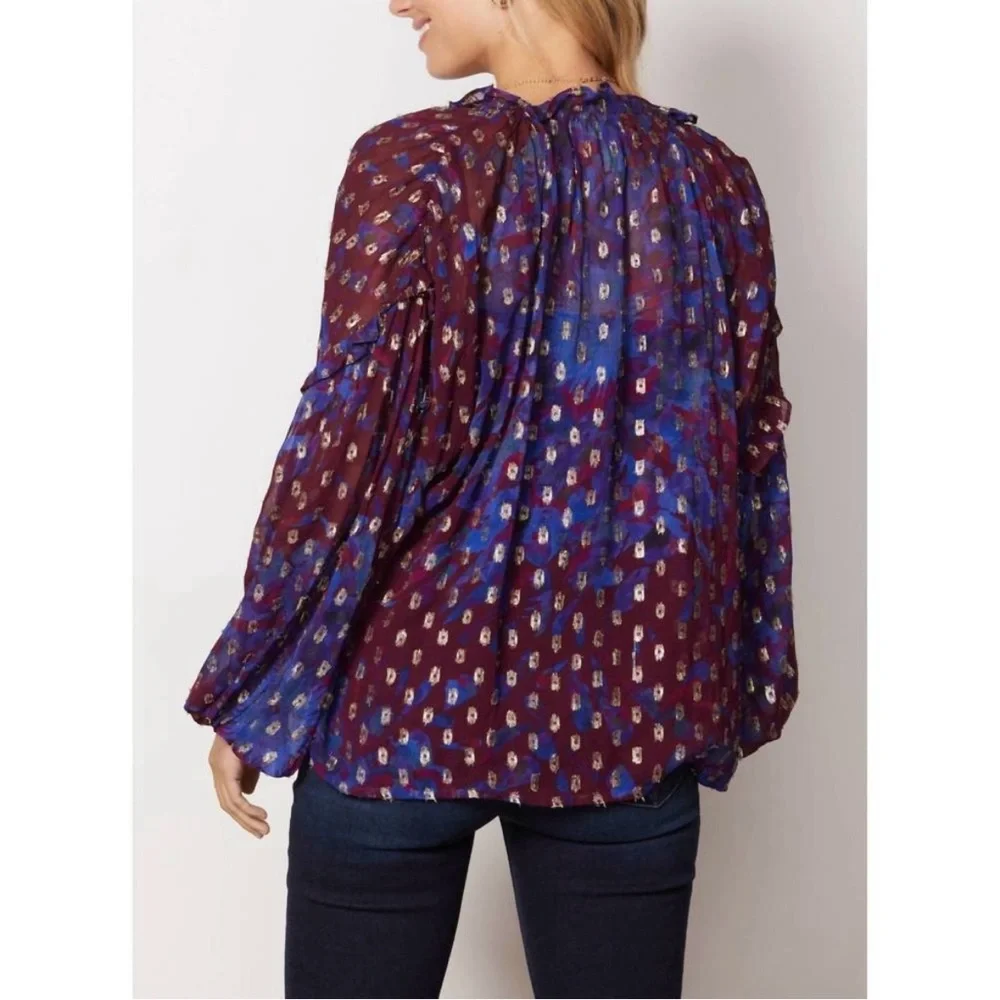Evereve Purple Floral Sheer Tie-Neck Blouse - Picture 11 of 12